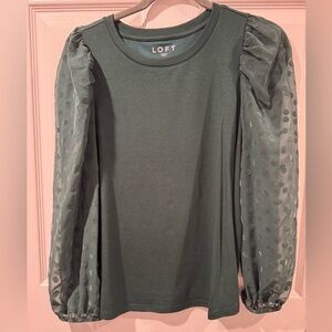 LOFT Dark Green Blouse with Sheer Puff Sleeves